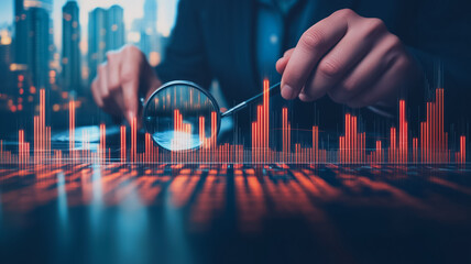 Poster - Market Analysis: A businessman meticulously examines financial data through a magnifying glass, illuminating key insights within a dynamic cityscape backdrop.
