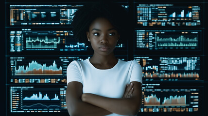 Poster - Data Driven Decisions: A determined woman stares confidently at the camera, standing against a wall of data and charts, showcasing her data-driven approach to success.