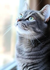 Sticker - Close-up of a grey tabby cat looking up, near a window.