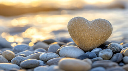 Heart-shaped arrangement of colorful river stones on a minimalistic bright banner background with a modern blurred effect and empty caption space on the side symbolizing love, peace, and nature

