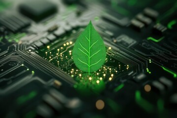 Poster - Green leaf digitally integrated onto a circuit board. Illustrates eco-friendly technology, sustainable innovation, and green computing.