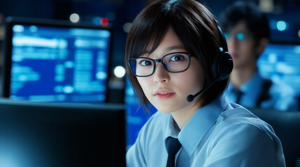 Leinwandbilder - Security operator working at system control center with multiple screens showing infographics