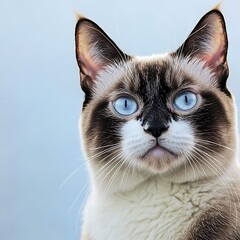 Poster - Close-up portrait of a curious snowshoe cat with striking blue eyes against a soft blue background.