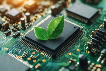 Poster - Green leaves atop a microchip, eco-friendly technology. Illustrates sustainable, green tech solutions and environmental consciousness in electronics.