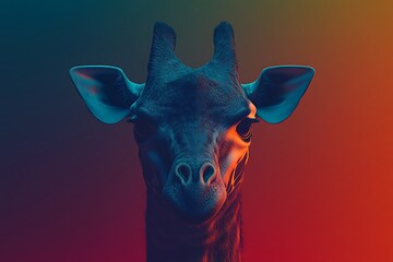 Poster - Close-up portrait of a giraffe's head against a vibrant teal and orange gradient background.