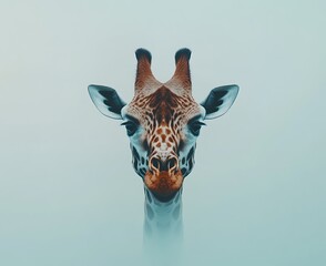 Poster - Close-up portrait of a giraffe's head and neck against a hazy, light blue background.