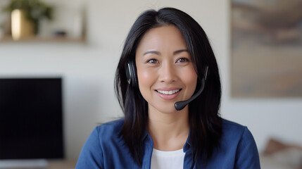 Poster - Smiling asian businesswoman wearing headset working from home attending a virtual meeting