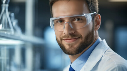 Aufkleber - Portrait of a smiling scientist wearing protective glasses in laboratory