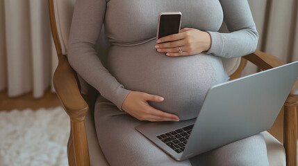 Aufkleber - Pregnant woman using laptop and smartphone at home