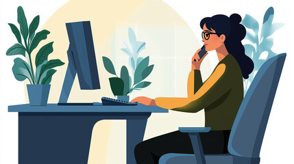 Aufkleber - Freelancer working from home talking on phone and typing on computer