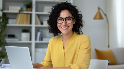 Aufkleber - Smiling businesswoman working on laptop at home office