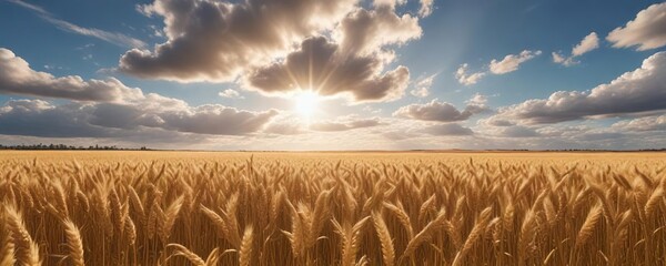 Wall Mural - Field of golden wheat under a radiant blue sky with puffy white clouds, rural landscape, blue sky