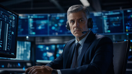 Aufkleber - System control center operator wearing headset is working at his desk