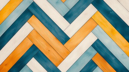 Poster - Colorful chevron pattern made of wooden planks in shades of blue, orange, and white, creating a vibrant and textured visual effect.