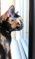 Sticker - Curious tortoiseshell cat gazing out window.