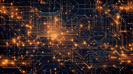 Poster - Abstract digital circuit board design with glowing lights and intricate lines on a dark background, representing technology and innovation.