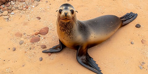 Wall Mural - Curious sea lion on sandy beach.