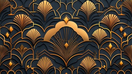 Poster - Elegant art deco pattern featuring gold motifs on a dark blue background, showcasing intricate designs reminiscent of vintage aesthetics.