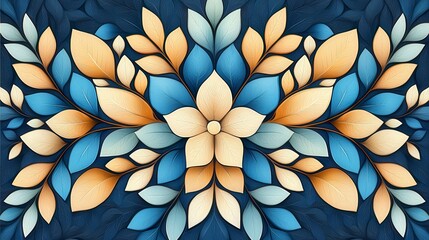 Poster - Colorful floral pattern with blue and orange leaves on a dark background, creating a vibrant and artistic design.