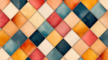 Poster - Colorful patchwork tiles in a geometric pattern create a vibrant, artistic background with shades of red, blue, orange, and cream.
