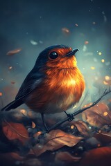 Poster - Cute robin bird perched on autumn leaves.