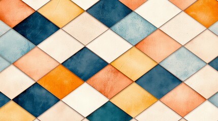 Poster - Colorful diamond-patterned tiles in orange, blue, and cream tones create a vibrant and artistic background.