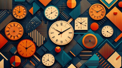 Poster - A vibrant collage of clocks set against a geometric backdrop, featuring various colors and patterns for a modern aesthetic.