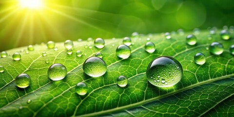 Wall Mural - Water drops glistening on a lush green leaf, nature, raindrops, freshness, dew, wet, macro, close-up, plant, environment