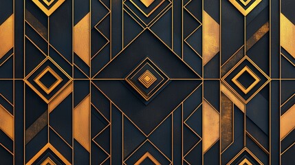 Poster - Geometric pattern featuring gold and black shapes with a modern art deco style, creating a luxurious and elegant appearance.