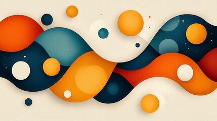 Poster - Colorful abstract waves with circular shapes in orange, blue, and white, creating a vibrant and dynamic visual design.