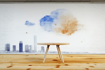 Poster - Modern Minimalist Interior Design Featuring Round Wooden Table Against Urban Skyline Mural with Watercolor Accents