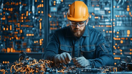 Wall Mural - A worker in a hard hat examines machinery components amidst a backdrop of illuminated control panels in a technical environment.