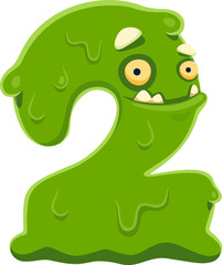 Aufkleber - Halloween font digit 2 two spooky monster character. Crazy fantasy creature math typeface figure or number, arabic numeral symbol slime monster vector personage or silly Halloween creature digit