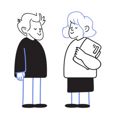 Poster - Two people interacting minimalist style. A man and woman smiling at each other with the woman holding a folder. Black and blue thin line sketch