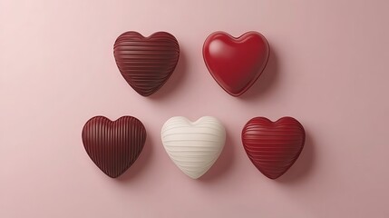 Wall Mural - Five heart-shaped chocolates in red, white, and brown on pink background.