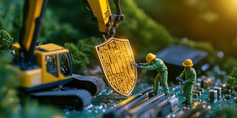 Poster - Miniature workers securing glowing shield on circuit board, symbolizing cybersecurity
