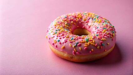 Wall Mural - Pink frosted donut with colorful sprinkles, perfect for a sweet treat or snack, dessert, pastry, sugary, bakery, confectionery