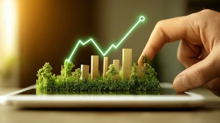 Poster - Hand Interacting with Green Growth on Tablet Screen with Rising Graph for Sustainable Business Concept