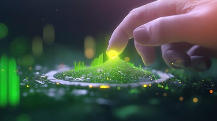 Poster - Hand Reaching Out to Touch a Glowing Green Landscape with Abstract Digital Elements and Light Effects