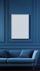 Wall Mural - Blank photo frame mockup mounting on blue wall with blue sofa, Blank canvas frame in blue living room with couch