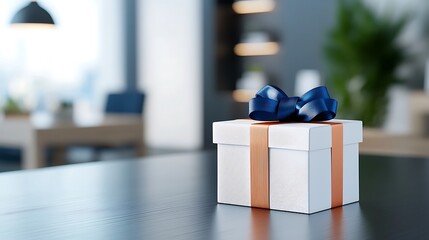 White gift box with navy and copper ribbon on a dark wood table in a modern apartment.