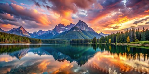 Wall Mural - Majestic mountains towering over a tranquil lake under the colorful sky at sunset, fantastic, landscape, mountains, majestic