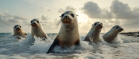 Wall Mural - Four sea lions emerge from ocean waves at sunset.