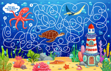 Aufkleber - Kids labyrinth maze game, help to octopus to find his house. Find way worksheet, labyrinth vector quiz or game with octopus, turtle, stingray and cuttlefish ocean animals, lighthouse on bottom