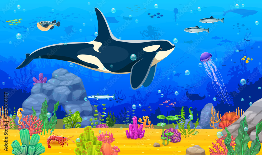 Cartoon underwater landscape game background with killer whale animal ...