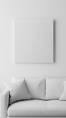 Wall Mural - Blank photo frame mockup mounting on white wall with white sofa, Blank canvas frame in white living room with couch