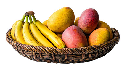 Wall Mural - Fresh fruit basket filled with ripe bananas and mangoes isolated on transparent background