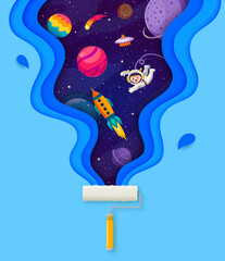 Poster - Paper cut space landscape featuring paint roller painting cosmic scene with planets, stars, rocket, astronaut and ufo exudes imagination. Cartoon vector galaxy and starry universe inside of wavy frame