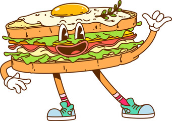 Aufkleber - Groovy retro cartoon hippie sandwich character or funny fast food, vector personage. Groovy breakfast sandwich with happy smile on funny face, egg and bacon with cheese for fast food character