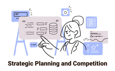 Poster - strategic planning concept woman pointing at data charts and diagrams on screens minimalist sketch s